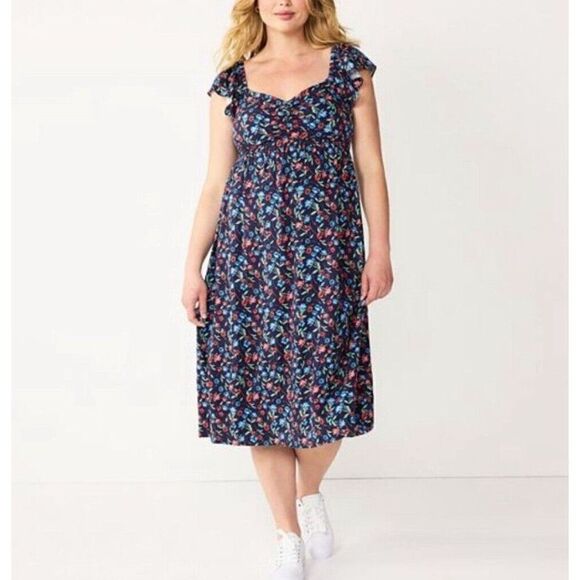 DRAPER JAMES Dress Womens S Blue Casual Midi Smocked Floral Prairie Linen Blend - Picture 1 of 10
